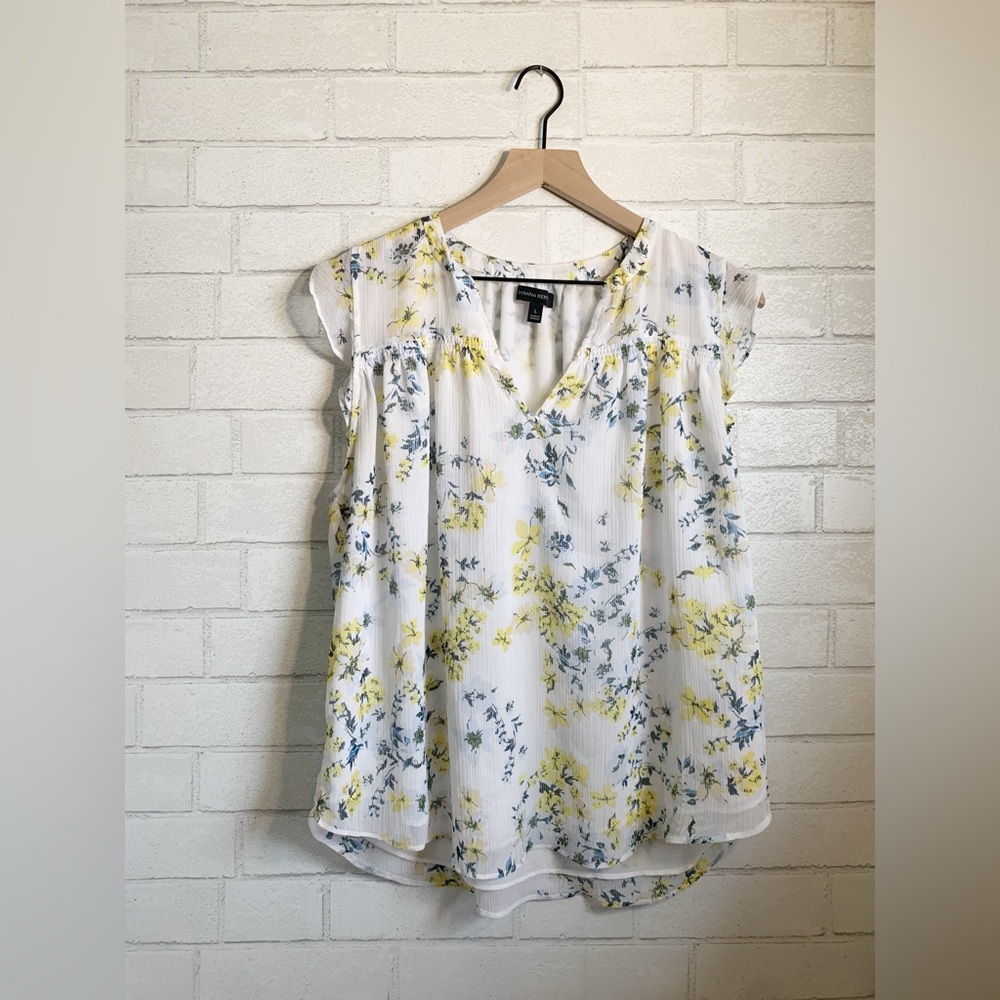 Banana Republic White & Yellow Romantic Floral Ruffle Sleeve Blouse L